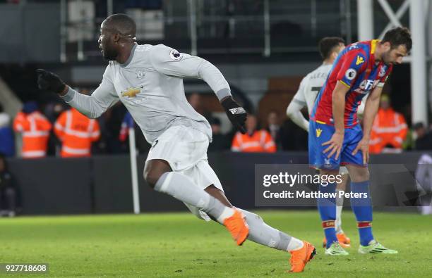 Romelu Lukaku of Manchester United celebrates scoring their second goal during the Premier League match between Crystal Palace and Manchester United...