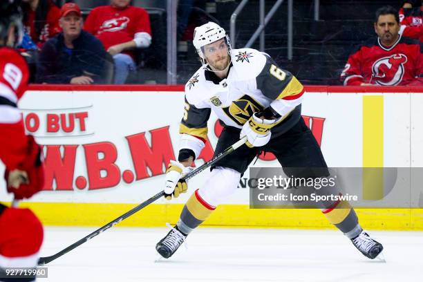Vegas Golden Knights defenseman Colin Miller skates during the second period of the National Hockey League game between the New Jersey Devils and the...