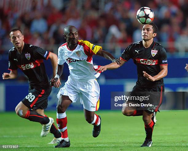 Elson of VfB Stuttgart eyes the ball with Didier Zokora of Sevilla during the UEFA Champions League Group G match between Sevilla and VfB Stuttgart...