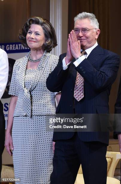 Cast members Glynis Barber and Martin Shaw bow at the curtain call during the press night performance of "The Best Man" at The Playhouse Theatre on...