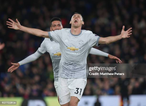 Nemanja Matic of Manchester United celebrates scoring their third goal during the Premier League match between Crystal Palace and Manchester United...