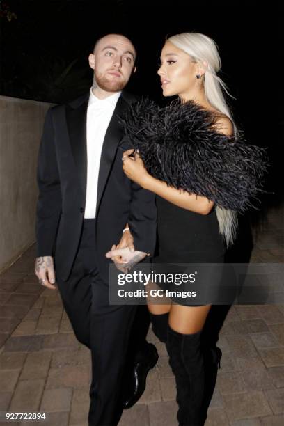 Rapper Mac Miller and singer Ariana Grande are seen attending an Oscar party on March 4, 2018 in Los Angeles, California.