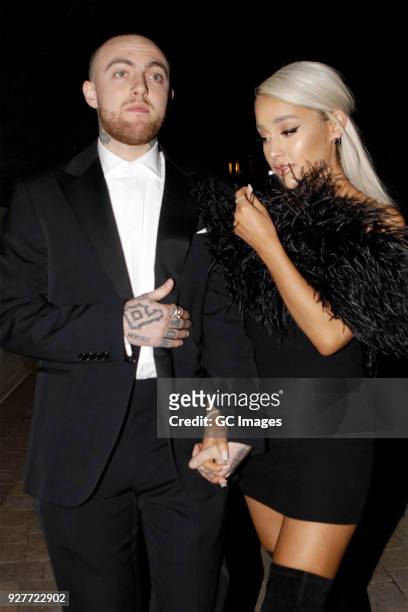 Rapper Mac Miller and singer Ariana Grande are seen attending an Oscar party on March 4, 2018 in Los Angeles, California.