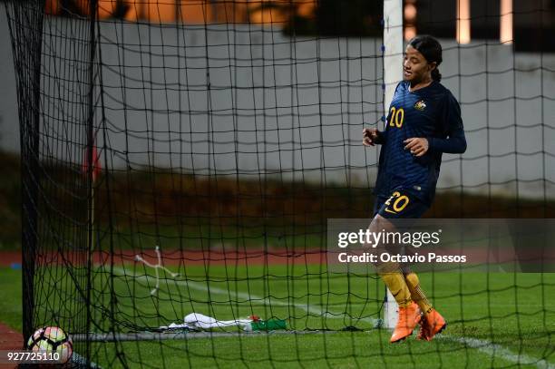 Sam Kerr of Australia scores a goal during the Women's Algarve Cup Tournament match between Australia and China at Estadio Municipal de Albufeira on...