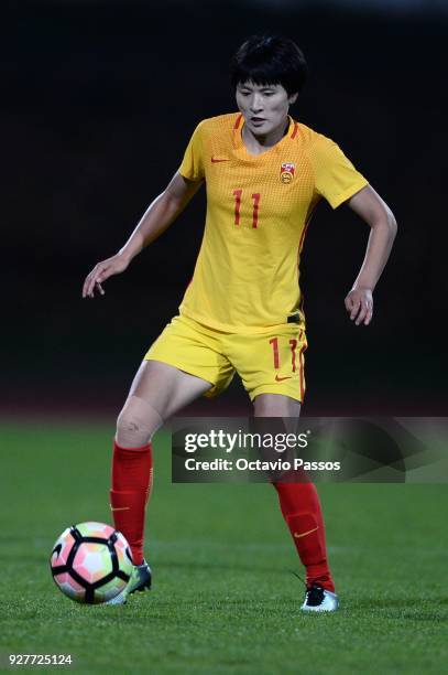 Wang Shanshan of China in action during the Women's Algarve Cup Tournament match between Australia and China at Estadio Municipal de Albufeira on...