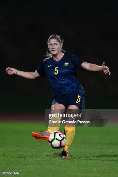 Laura Alleway of Australia in action during the Women's Algarve Cup Tournament match between Australia and China at Estadio Municipal de Albufeira on...