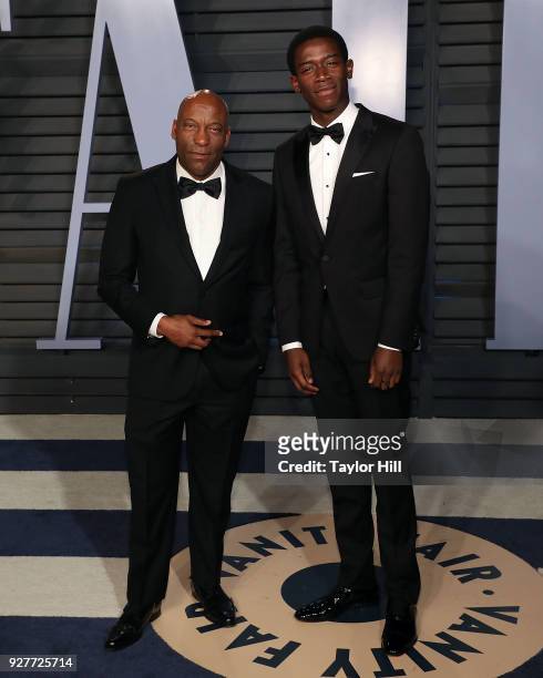 John Singleton and Damson Idris attend the 2018 Vanity Fair Oscar Party hosted by Radhika Jones at the Wallis Annenberg Center for the Performing...