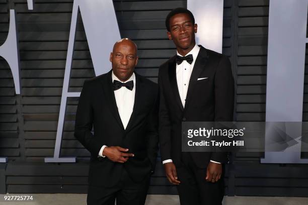 John Singleton and Damson Idris attend the 2018 Vanity Fair Oscar Party hosted by Radhika Jones at the Wallis Annenberg Center for the Performing...