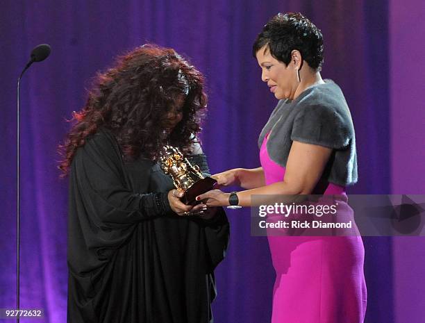 Chaka Khan receives The ICON award from Chairperson/CEO BET Networks Debra Lee at the 2009 Soul Train Awards at the Georgia World Congress Center on...