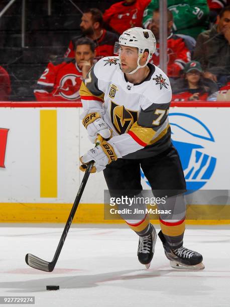 Brad Hunt of the Vegas Golden Knights in action against the New Jersey Devils on March 4, 2018 at Prudential Center in Newark, New Jersey. The Golden...