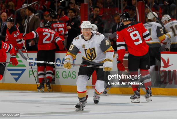 Ryan Carpenter of the Vegas Golden Knights in action against the New Jersey Devils on March 4, 2018 at Prudential Center in Newark, New Jersey. The...