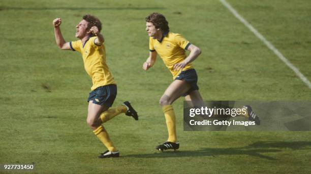 Arsenal player Alan Sunderland celebrates his 89th minute winning goal with Steve Walford during the 1979 FA Cup Final between Arsenal and Manchester...