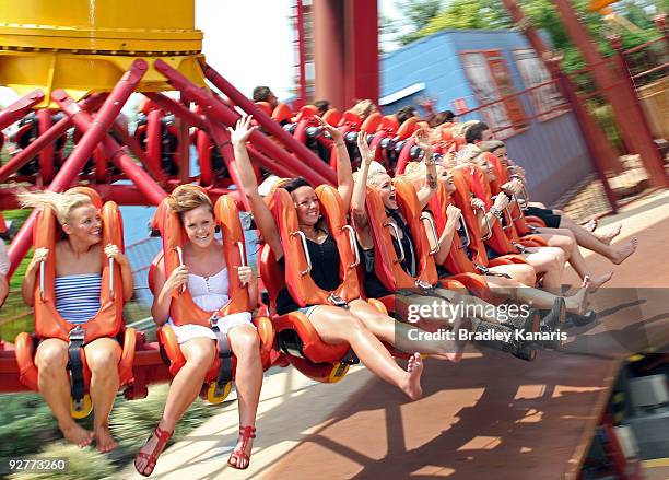 Ruby Rose and park attendees enjoy the ride as she launches Dreamworld's new summer attraction where MTV will broadcast live from the popular theme...