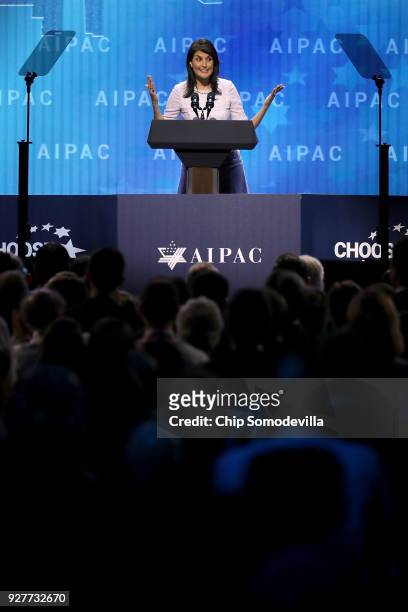Ambassador to the United Nations Nikki Haley address the American Israel Public Affairs Committee's annual policy conference at the Washington...