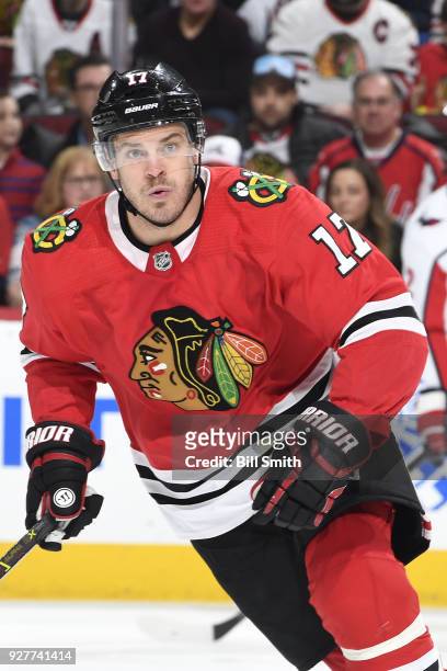 Lance Bouma of the Chicago Blackhawks watches for the puck in the first period against the Washington Capitals at the United Center on February 17,...