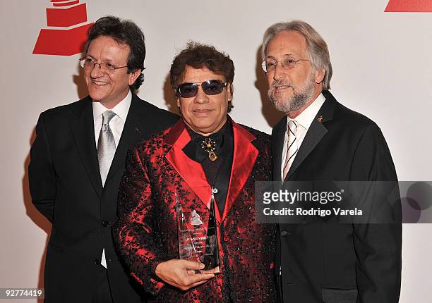 President of the Latin Recording Academy Gabriel Abaroa, honoree Juan Gabriel, and Recording Academy President Neil Portnow attends 2009 Person Of...