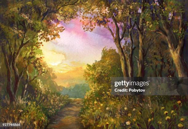 fabulous watercolor landscape - oil painting flowers stock illustrations