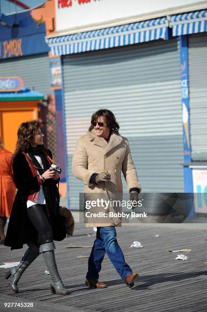 James Franco and Margarita Levieva on the set of "The Deuce" season 2 at Coney Island, Brooklyn on March 5, 2018 in New York City.