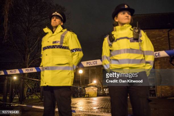 Forensic tent stands over a bench where a man and woman had been found unconscious the previous day, on March 5, 2018 in Salisbury, England. The man...