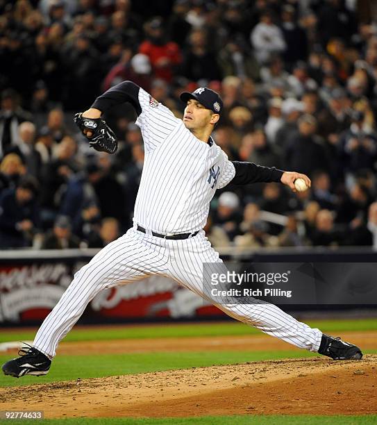 Andy Pettitte of the New York Yankees pitches during Game Six of the 2009 MLB World Series at Yankee Stadium on November 4, 2009 in New York, New...