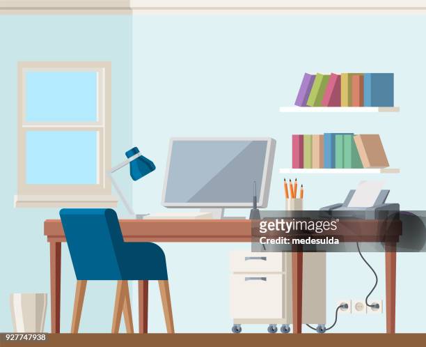 ilustrações, clipart, desenhos animados e ícones de home office computador trabalhando residente livro prateleira cadeira - trabalho de design