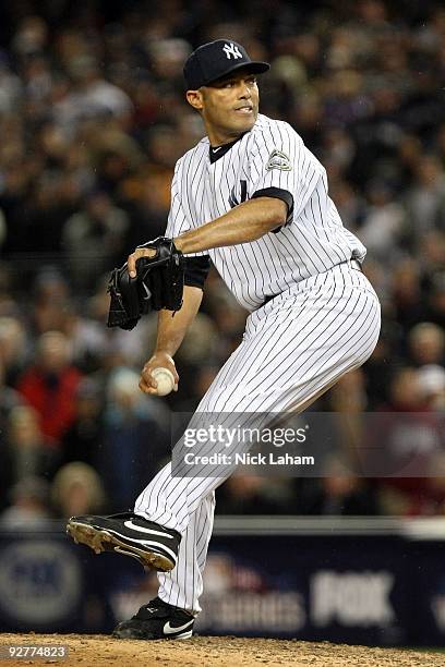Mariano Rivera of the New York Yankees throws a pitch against the Philadelphia Phillies in Game Six of the 2009 MLB World Series at Yankee Stadium on...