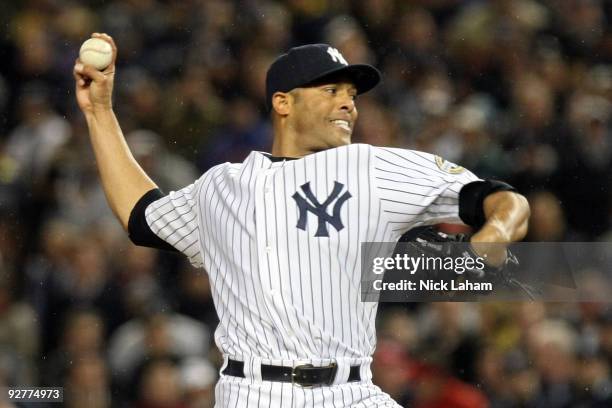 Mariano Rivera of the New York Yankees throws a pitch against the Philadelphia Phillies in Game Six of the 2009 MLB World Series at Yankee Stadium on...