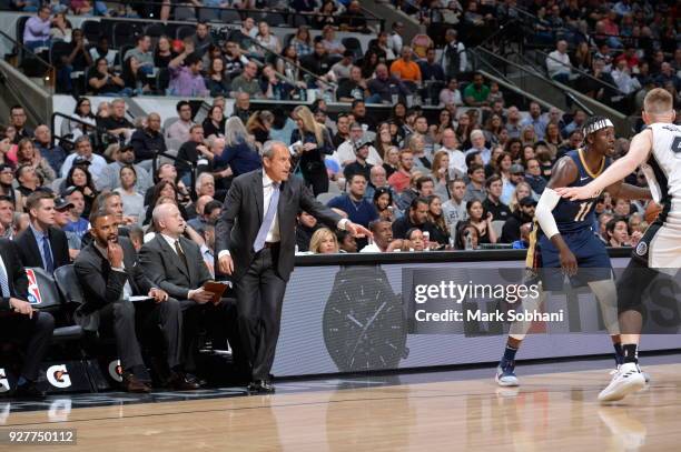 Assistant Coach Ettore Messina calls to the players during the game against the New Orleans Pelicans on February 28, 2018 at the AT&T Center in San...