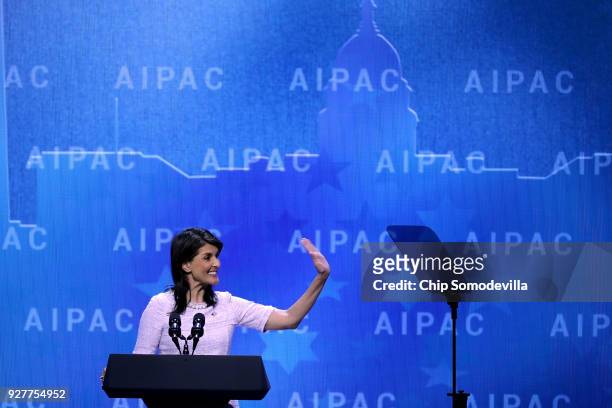 Ambassador to the United Nations Nikki Haley address the American Israel Public Affairs Committee's annual policy conference at the Washington...