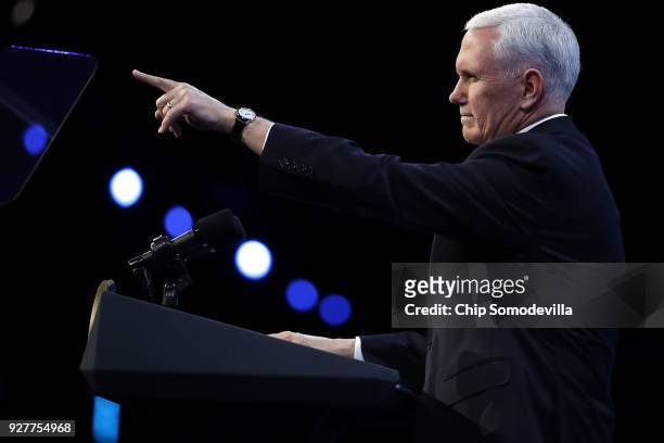 Vice President Mike Pence address the American Israel Public Affairs Committee's annual policy conference at the Washington Convention Center March...