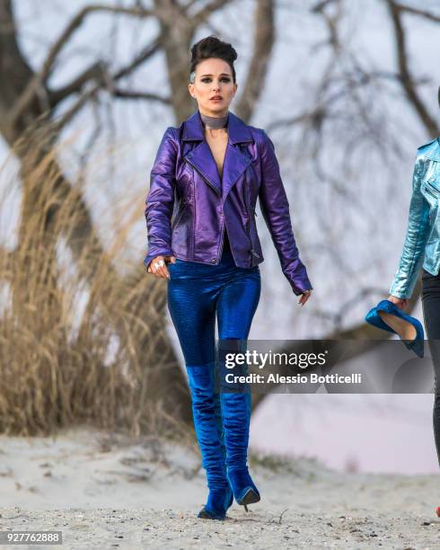 Natalie Portman is seen filming 'Vox Lux' on a beach on March 5, 2018 in New York, New York.