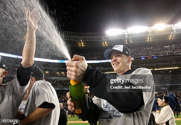 Burnett of the New York Yankees celebrates on the field after their 7-3 win against the Philadelphia Phillies in Game Six of the 2009 MLB World...