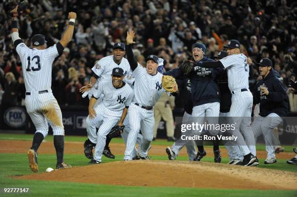 The New York Yankees celebrate after a 7-3 win against the Philadelphia Phillies in during Game Six of the 2009 MLB World Series at Yankee Stadium on...