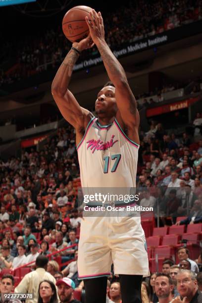 Rodney McGruder of the Miami Heat shoots the ball against the Phoenix Suns on March 5, 2018 at American Airlines Arena in Miami, Florida. NOTE TO...