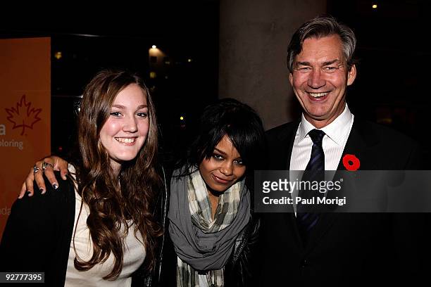 Kate Doer, Canadian pop rock star Fefe Dobson and Canadian Ambassador Gary Doer attend the reception for the OMEGA 100-Day Countdown to the 2010...