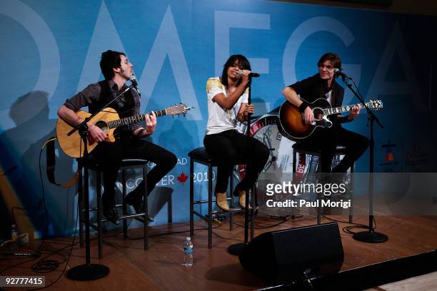Canadian pop rock star Fefe Dobson performs at the reception for the OMEGA 100-Day Countdown to the 2010 Olympic Winter Games at Embassy of Canada on...