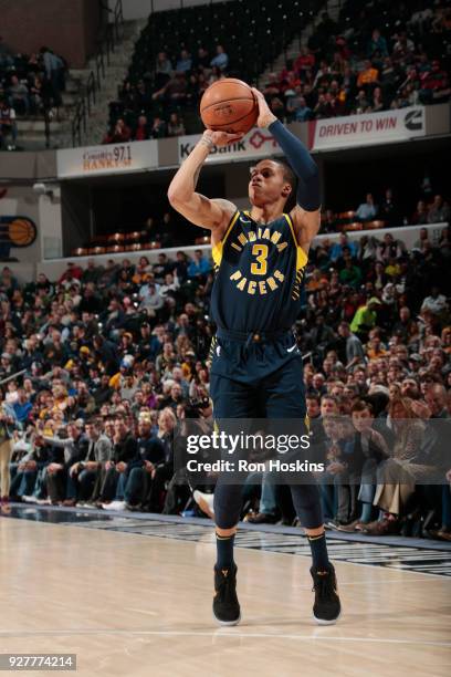 Joe Young of the Indiana Pacers shoots the ball against the Milwaukee Bucks on March 5, 2018 at Bankers Life Fieldhouse in Indianapolis, Indiana....