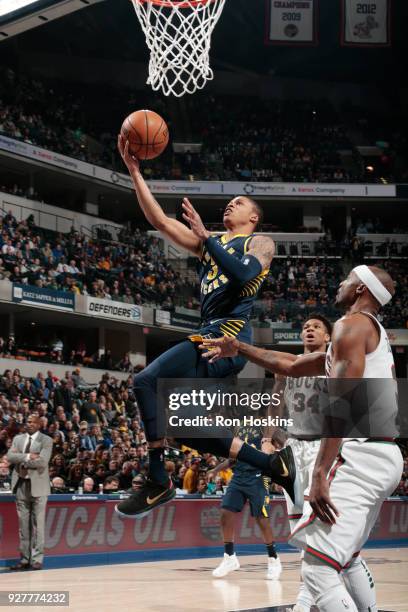 Joe Young of the Indiana Pacers goes to the basket against the Milwaukee Bucks on March 5, 2018 at Bankers Life Fieldhouse in Indianapolis, Indiana....