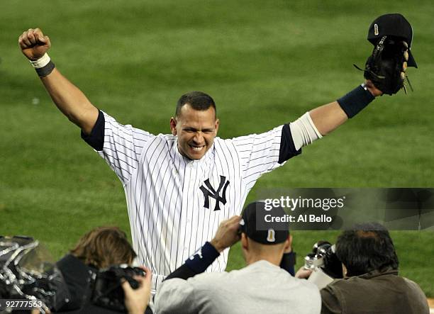 Alex Rodriguez of the New York Yankees celebrates after their 7-3 win against the Philadelphia Phillies in Game Six of the 2009 MLB World Series at...