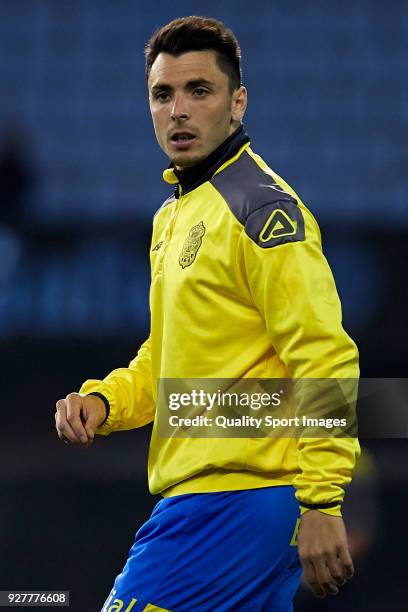 Ximo Navarro of UD Las Palmas looks on prior to the La Liga match between Celta de Vigo and Las Palmas at Estadio Balaidos on March 5, 2018 in Vigo,...