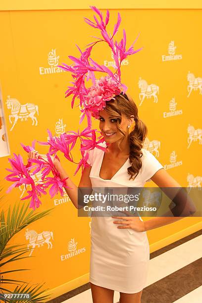 Laura Dundovic poses at the Emirates Marquee during Crown Oaks Day as part of the 2009 Melbourne Cup Carnival at Flemington Race Course on November...