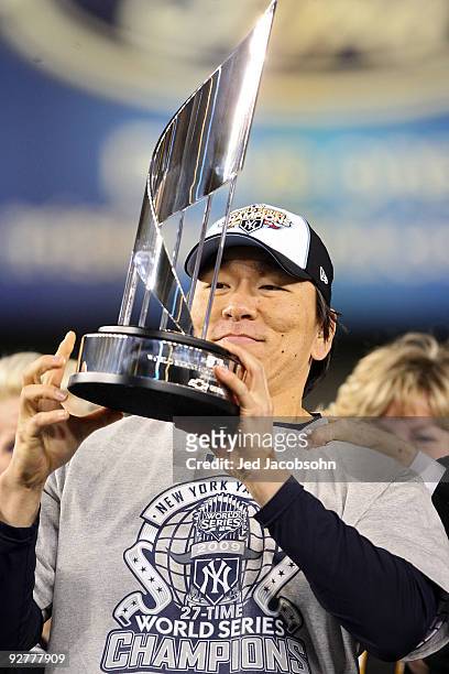 World Series MVP Hideki Matsui of the New York Yankees celebrates with the MVP trophy after their 7-3 win against the Philadelphia Phillies in Game...