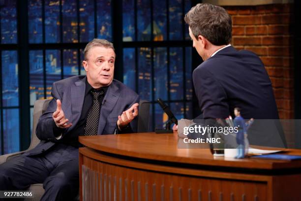 Episode 654 -- Pictured: Actor Nathan Lane during an interview with host Seth Meyers on March 5, 2018 --