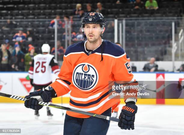 Anton Slepyshev of the Edmonton Oilers warms up prior to the game against the Arizona Coyotes on March 5, 2017 at Rogers Place in Edmonton, Alberta,...