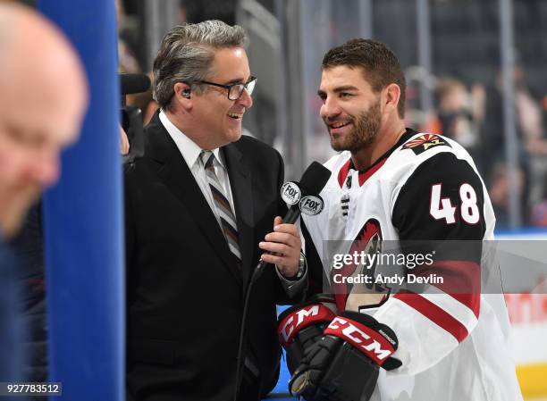 Jordan Martinook of the Arizona Coyotes is interviewed by Todd Walsh prior to the game against the Edmonton Oilers on March 5, 2017 at Rogers Place...