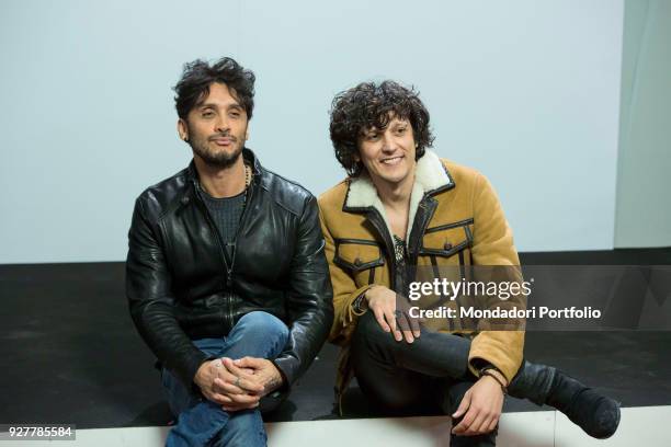 Italian singers Ermal Meta and Fabrizio Moro at 68th Festival di Sanremo press room. Sanremo, February 8th 2018