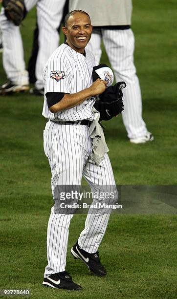 Mariano Rivera of the New York Yankees celebrates a 7-3 win over the Philadelphia Phillies in Game Six of the 2009 MLB World Series at Yankee Stadium...