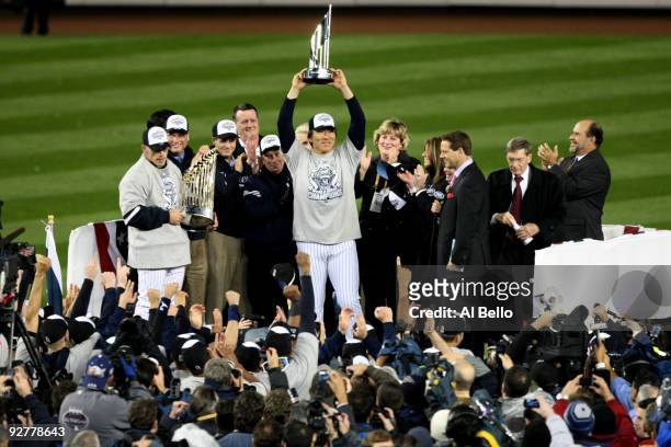 World Series MVP Hideki Matsui of the New York Yankees celebrates with the MVP trophy after their 7-3 win against the Philadelphia Phillies in Game...