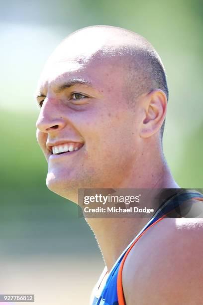 Braydon Preuss of the Kangaroos looks upfield during a North Melbourne Kangaroos AFL training session at Arden Street Ground on March 6, 2018 in...