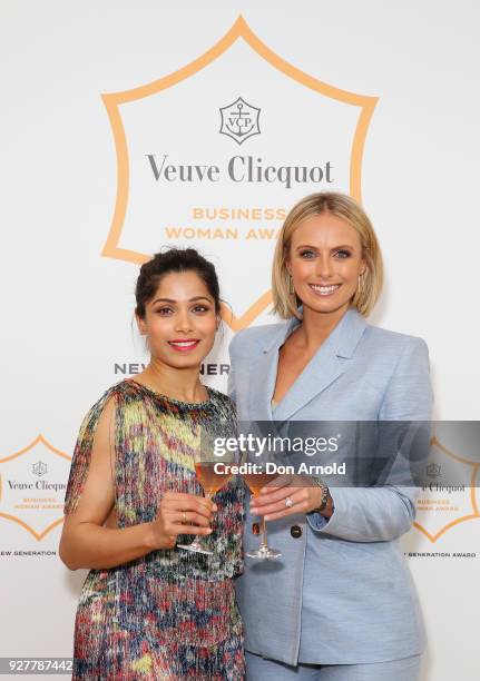 Freida Pinto and Sylvia Jeffreys pose during the Veuve Clicquot New Generation Award on March 6, 2018 in Sydney, Australia.